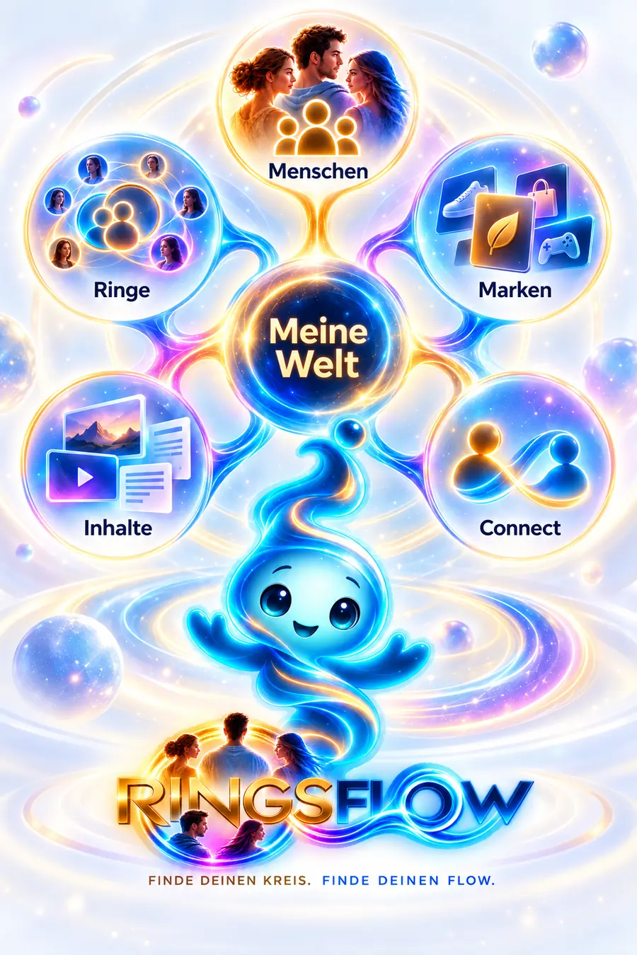 Das RingsFlow-Prinzip — ein Mensch im Zentrum seiner Welt, umgeben von Menschen, Ringen, Marken, Inhalten und Connect.