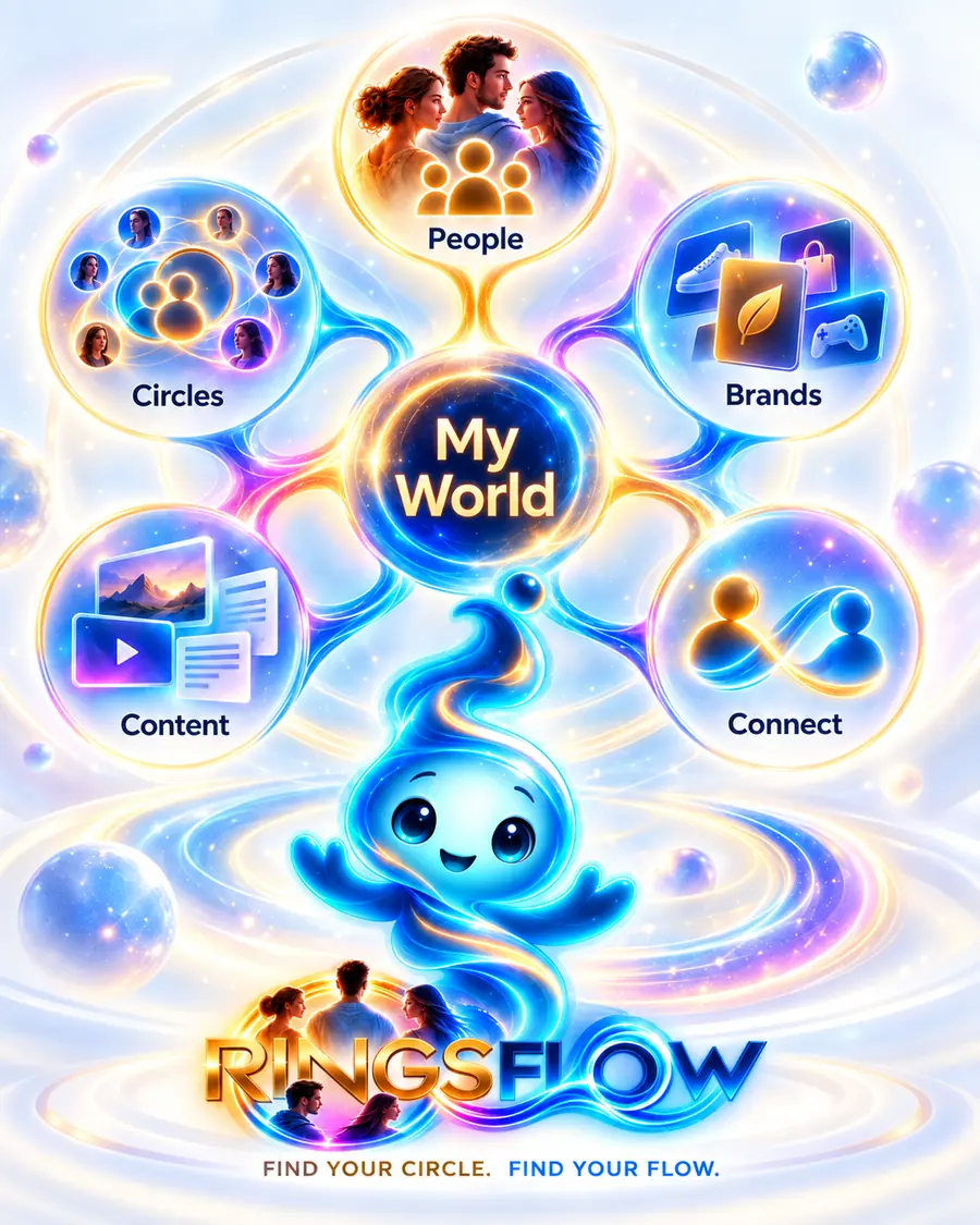 The RingsFlow principle — a person at the centre of their world, surrounded by People, Rings, Brands, Content and Connect.