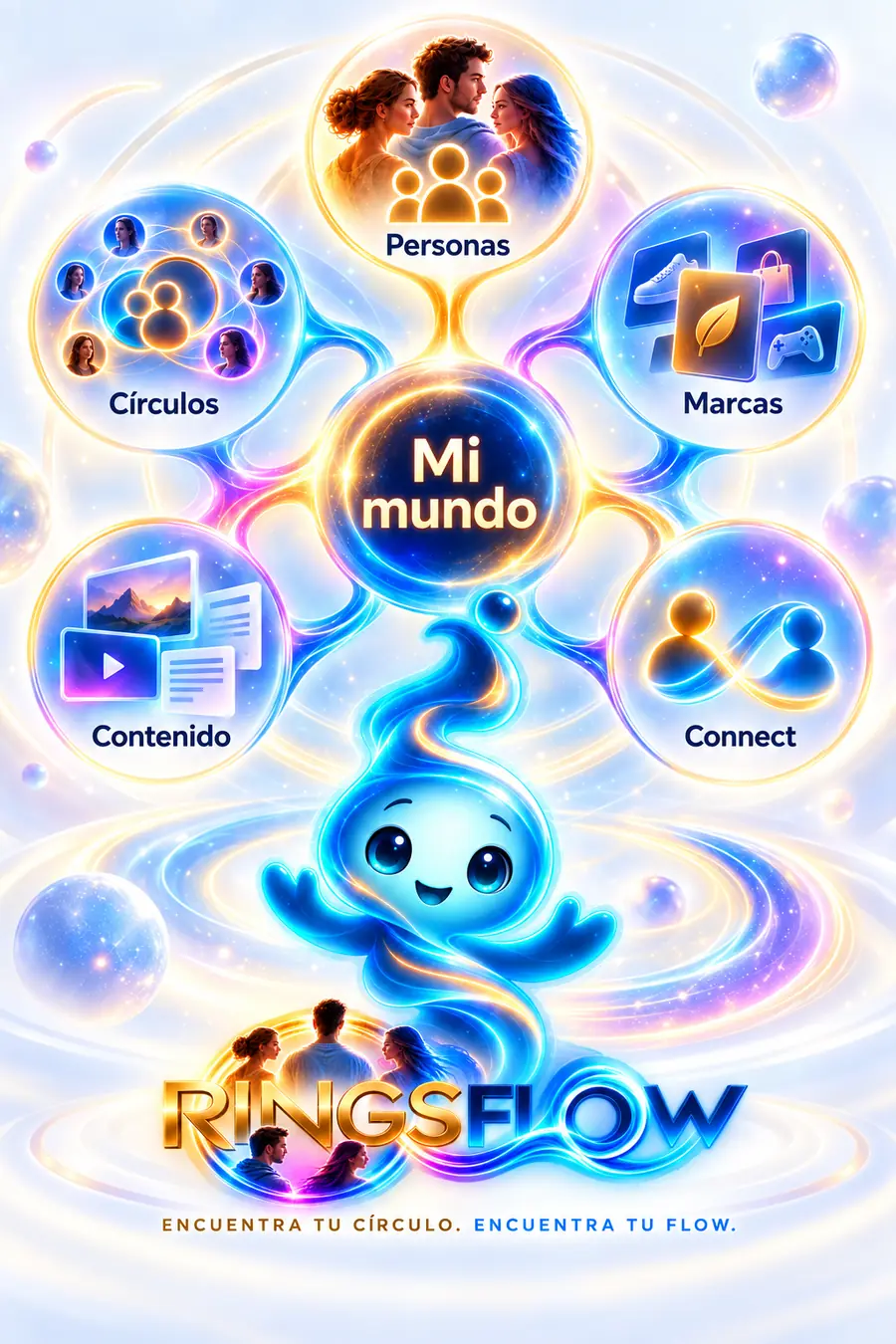 El principio de RingsFlow — una persona en el centro de su mundo, rodeada de Personas, Círculos, Marcas, Contenido y Connect.
