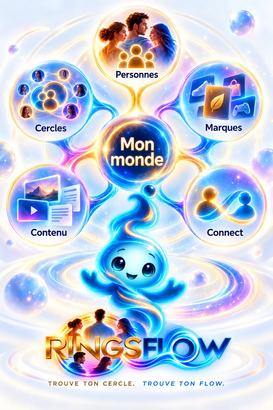 Le principe RingsFlow — une personne au centre de son monde, entourée de Personnes, Cercles, Marques, Contenus et Connect.