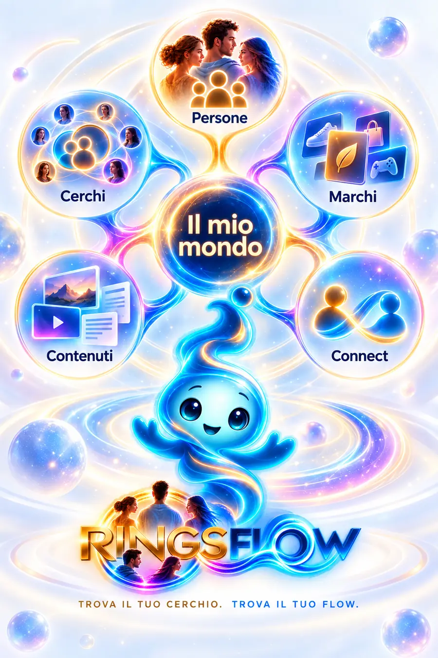 Il principio RingsFlow — una persona al centro del proprio mondo, circondata da Persone, Cerchi, Marchi, Contenuti e Connect.