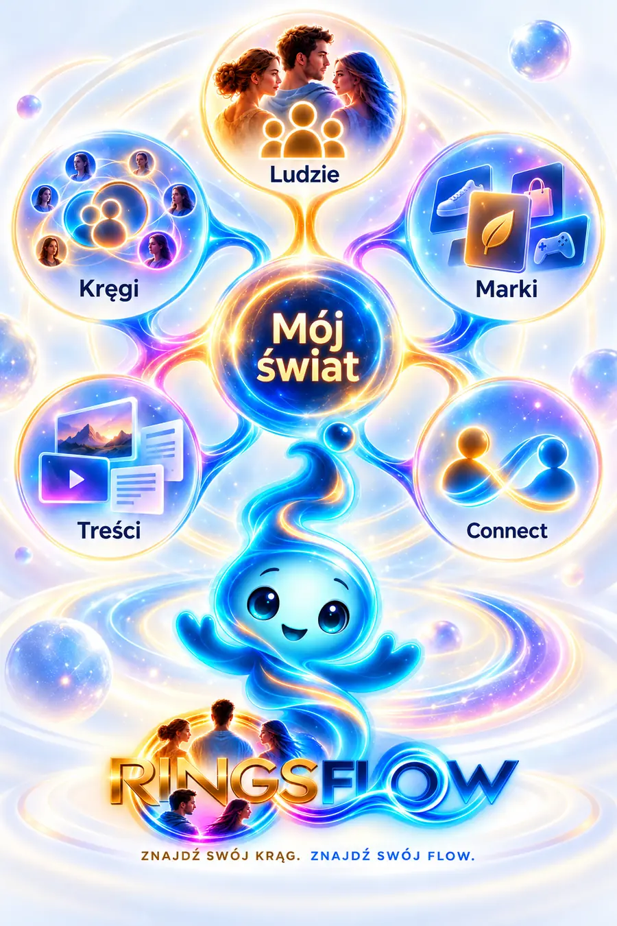 Zasada RingsFlow — człowiek w centrum swojego świata, wokół Ludzie, Kręgi, Marki, Treści i Connect.